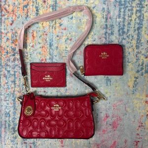 NWOT Red Quilted Leather Wallet & Card Case Gift Set